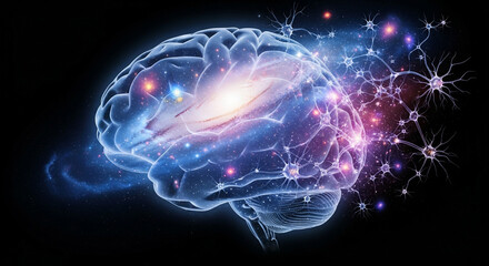 Explore the universe of thought with a vibrant, glowing brain and interconnected neural network emitting bright energy