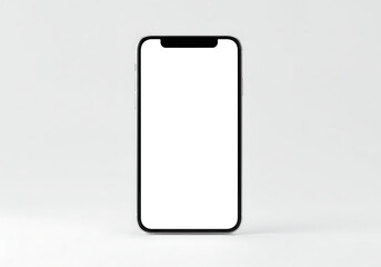 A modern smartphone with a blank white screen, presented in a clean, minimalist studio setting against a light gray background.