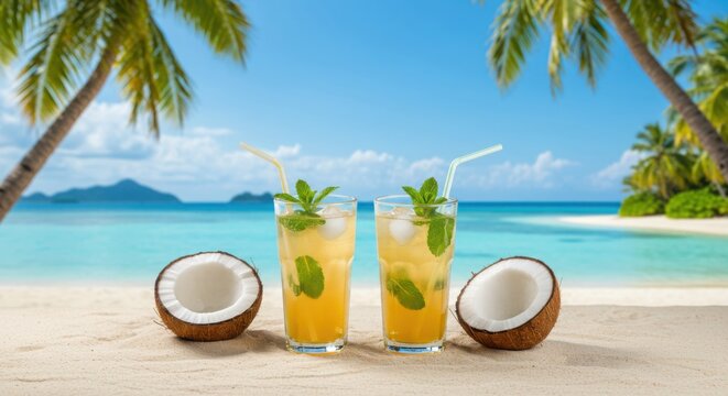 Tropical paradise refreshing drinks on a sandy beach with coconuts