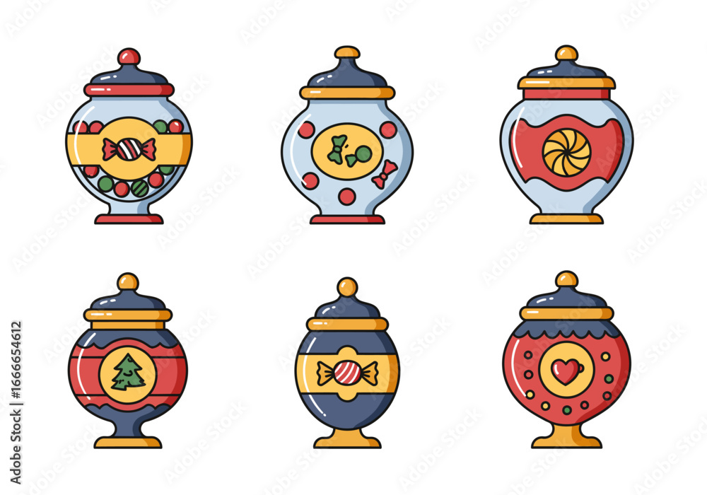 Poster six candy jars with varying patterns and decorations arranged in a 2x3 grid on a white background