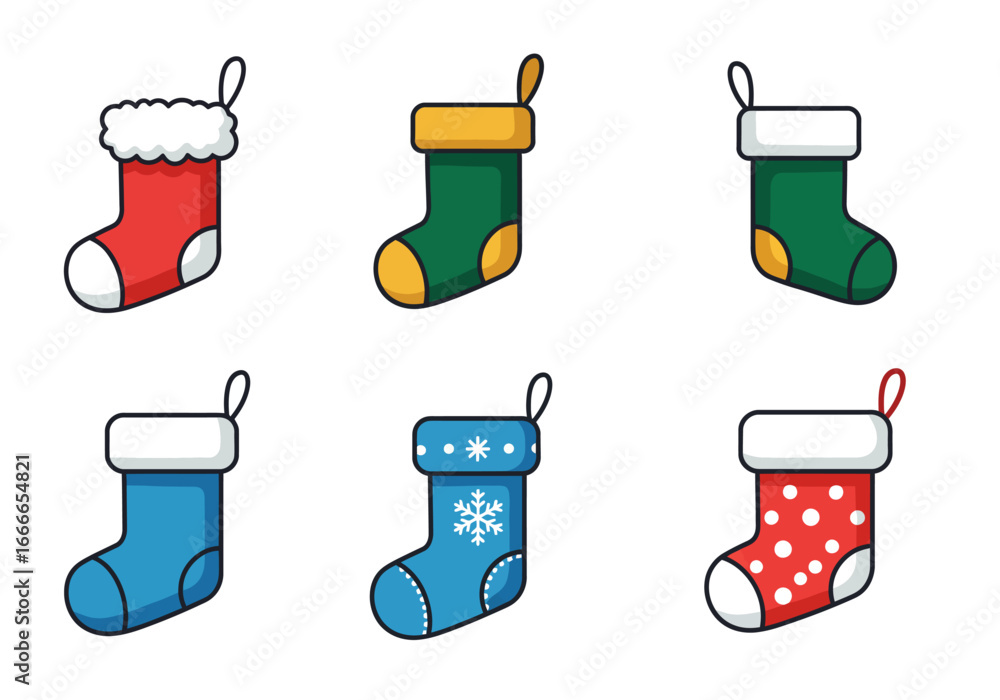 Poster six christmas stockings are displayed in two rows they feature various colors and patterns all outli