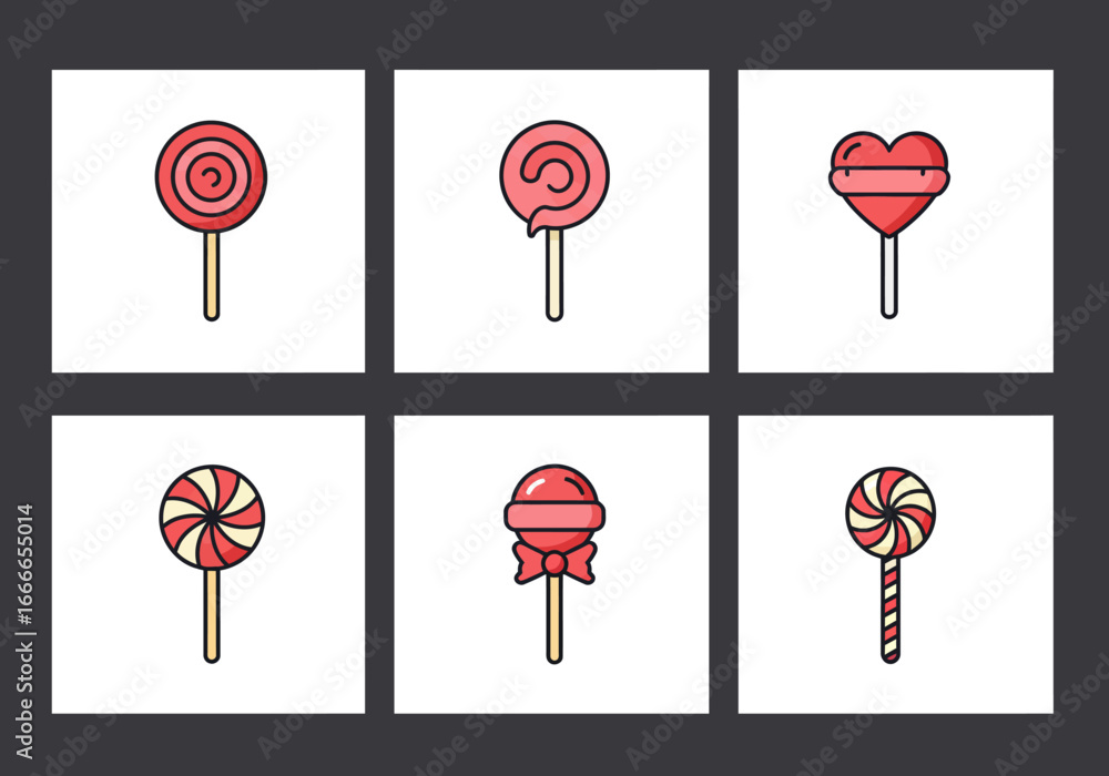 Poster six lollipop illustrations are arranged on a dark grey backdrop each is drawn in a simple colorful s