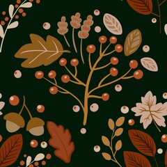 Autum Winter Pattern Background Illustration For Cover, Banner, Notes. Fall Winter Aesthetic Background.  Plant And Flower Pattern Background.