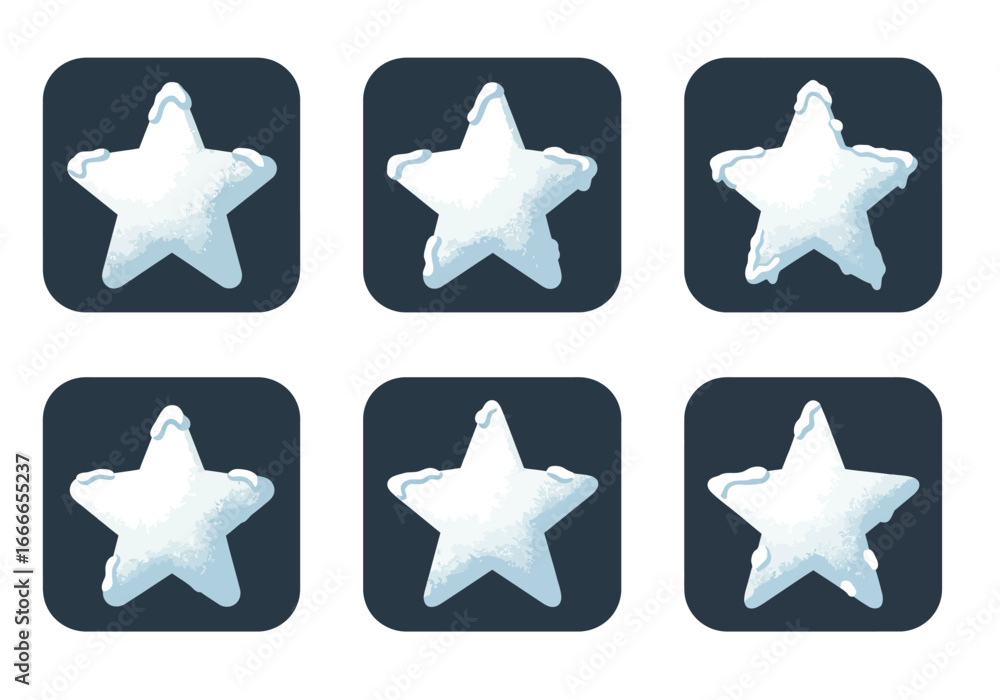 Poster six starshaped icons on squares with rounded corners designed to look like snowy buttons or rewards