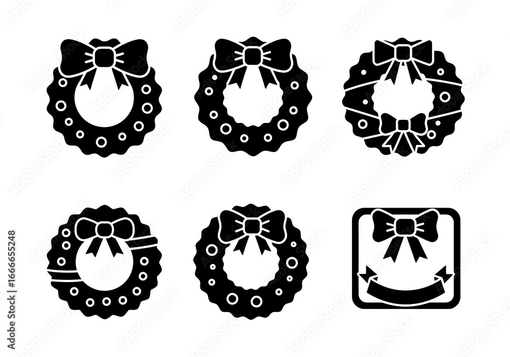 Poster six wreaths are arranged five are circular adorned with bows the sixth is a square frame containing 