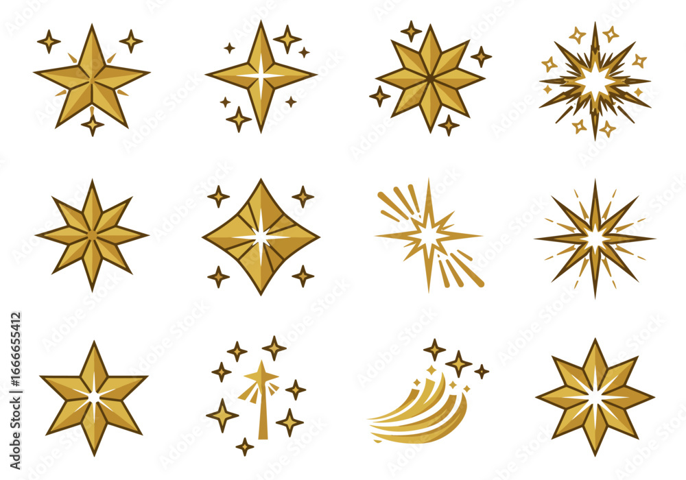 Poster the image presents a collection of twelve distinct stylized golden stars with varying shapes and des
