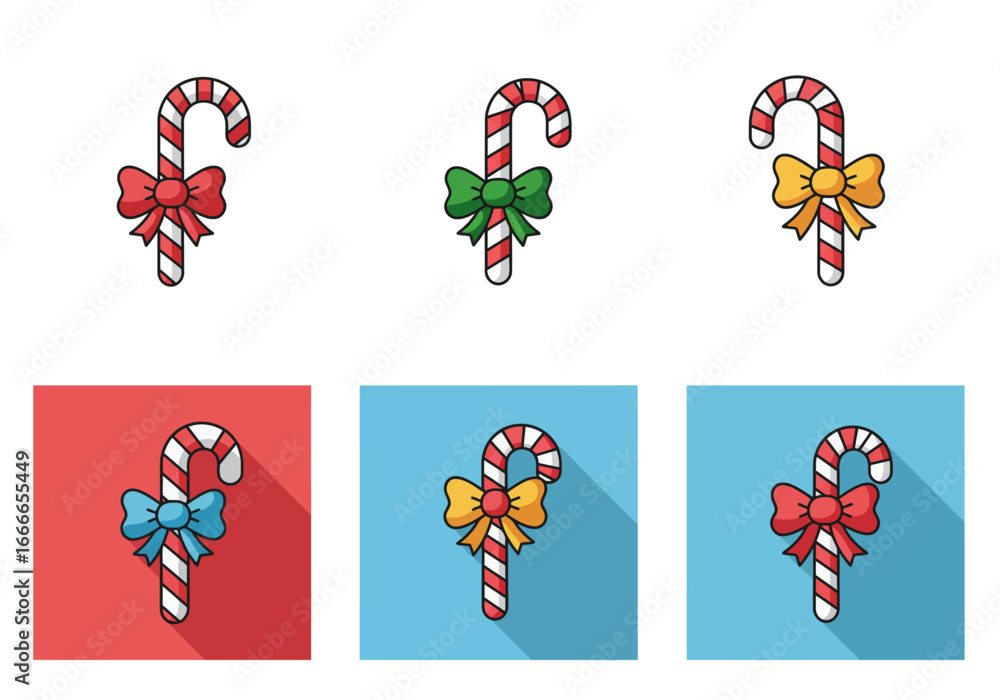 Poster three candy canes with bows on white and three candy canes with bows on backgrounds with drop shadow