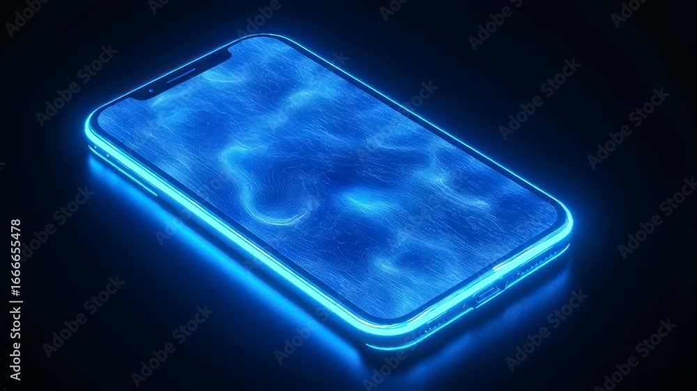 Poster Smartphone with a glowing blue screen displaying a flowing water-like pattern, illuminated in a dark setting.