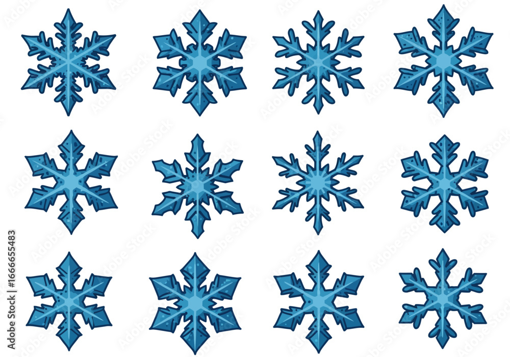 Poster twelve blue snowflakes arranged in a grid each with a unique design and six points