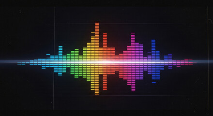 Vibrant equalizer bars pulse with a rainbow spectrum, reflecting dynamic sound waves on a dark, futuristic background