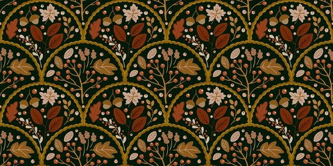 Autum Winter Pattern Background Illustration For Cover, Banner, Notes. Fall Winter Aesthetic Background.  Plant And Flower Pattern Background.