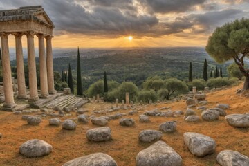 Obraz premium Antike Ruinen mit Säulen vor mediterraner Küstenlandschaft – historische Ausgrabungsstätte mit Blick auf das Meer, umgeben von Zypressen und Natur