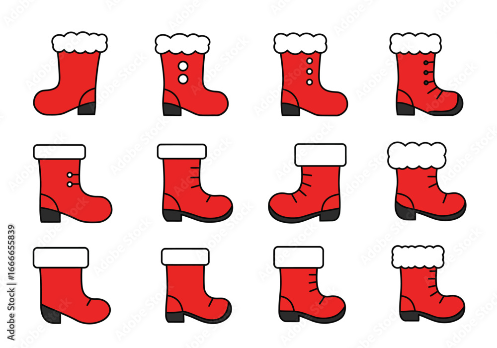 Poster twelve red boots arranged in a grid formation with variations in top trim and button details