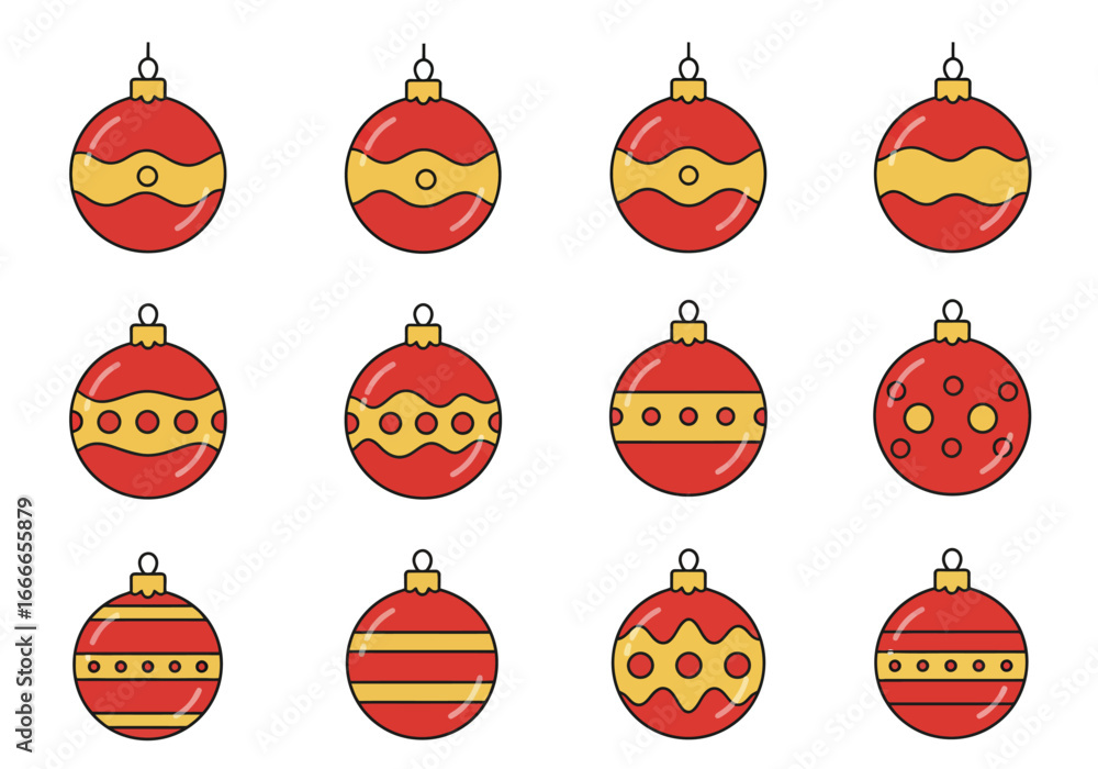 Poster twelve red christmas ornaments with yellow patterns on a white background arranged in three rows of 