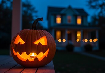 Fototapeta premium Scary jackolantern glowing on a porch at night