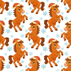 Cute Christmas 2026 horse pony pattern with Santa hats and snowflakes