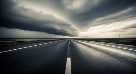 Fototapeta premium Dramatic highway stretches toward approaching storm clouds creating a sense of journey and anticipation