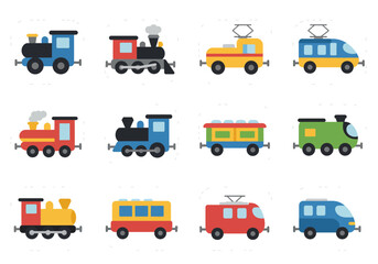 Twelve stylized cartoon trains of different shapes  colors arranged in four rows of three