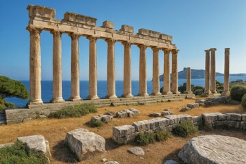 Fototapeta premium Antike Ruinen mit Säulen vor mediterraner Küstenlandschaft – historische Ausgrabungsstätte mit Blick auf das Meer, umgeben von Zypressen und Natur
