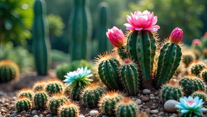A vibrant collection of desert succulents blooming in the sunlight, showcasing a variety of textures and colors in a meticulously arranged garden setting.