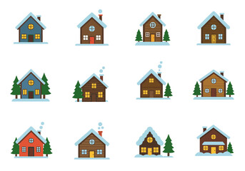 Twelve winter cabins depicted each unique in color window shape and roof style all blanketed with snow