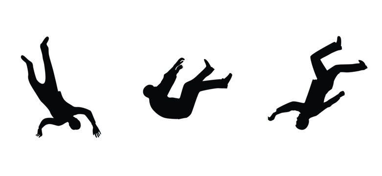 Man Falling Silhouette Different Positions Isolated on White. People and accidents, activities vector art
