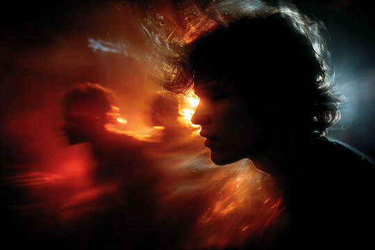 Young man experiencing dissociation with double exposure effect and blurred motion