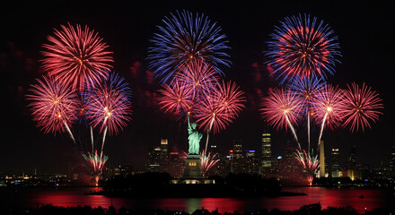 Spectacular fourth of july fireworks explode in the night sky above the statue of liberty and new york city skyline