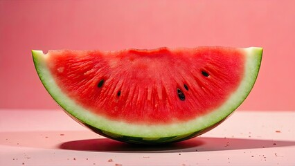 A juicy wedge of summer's sweetest treat, a refreshing slice of watermelon, rests on a pale pink surface