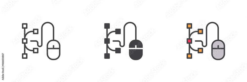 Poster workflow mouse nodes icon set pack ? line, solid, filled outline, different style