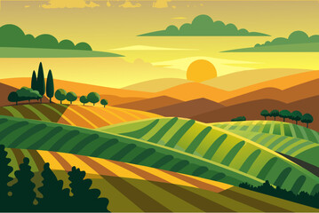 Obraz premium Rolling hills and fields at sunset with a warm golden sky
