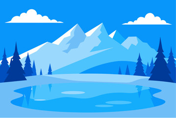 Stylized winter mountain landscape with frozen lake and pine trees
