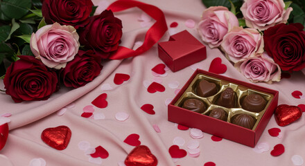 Luxurious valentine s day gift arrangement featuring a box of gourmet chocolates red roses pink roses and scattered heart confetti on a satin cloth