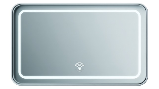 Frameless vanity mirror with touch control icon, modern technology, top view isolated on a Transparent background, PNG file.