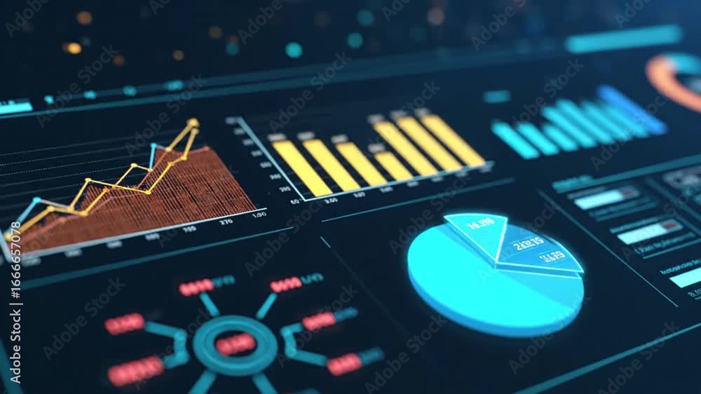 Poster abstract data visualization dashboard with blue glow chart and geometric graphs
