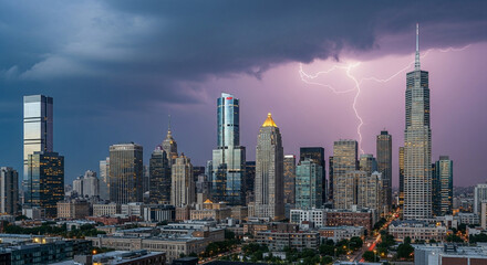 Naklejka premium Dramatic city skyline illuminated by powerful lightning strike during a vibrant thunderstorm, capturing urban power and nature's fury.