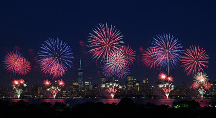 Spectacular fourth of july fireworks illuminate the night sky above a city skyline reflecting on the water