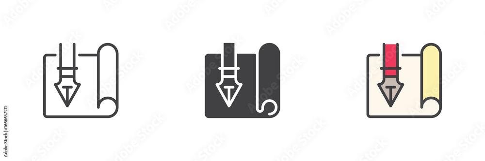 Poster blueprint with pen nib icon set pack ? line, solid, filled outline, different style