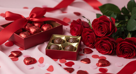 Luxurious valentine s day gift box filled with heart shaped chocolates and red roses on a soft pink background