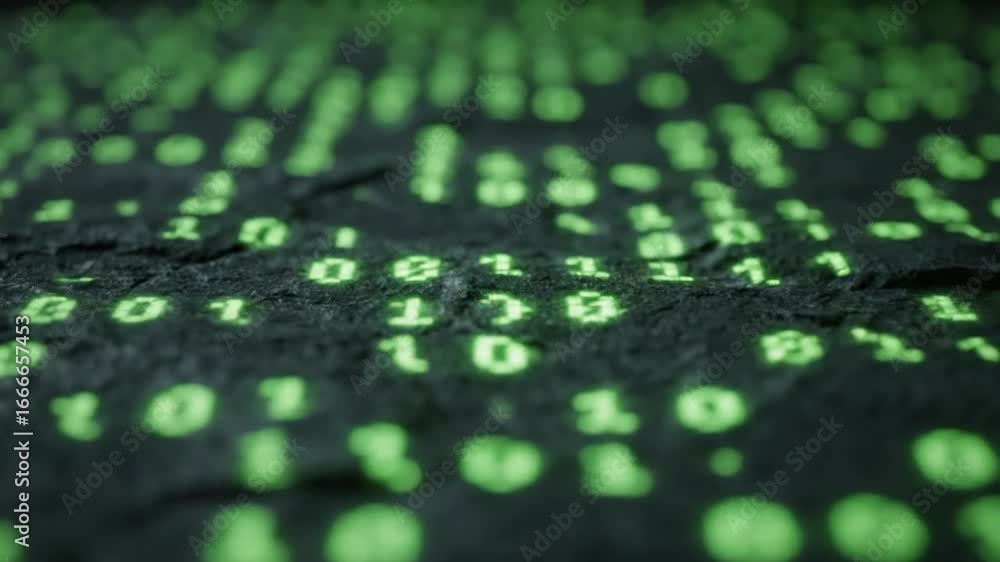 Poster abstract matrix of green binary code flowing on dark rough surface texture