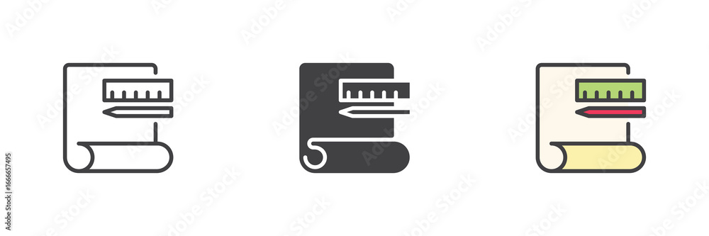 Poster blueprint with ruler and brush icon set pack ? line, solid, filled outline, different style
