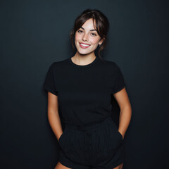 Obraz premium A smiling young woman in a black t-shirt stands casually with hands in pockets against a dark background. The look expresses comfort, confidence, and relaxed style.