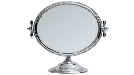Free-standing oval mirror with chrome stand, top view isolated on a Transparent background, PNG file.