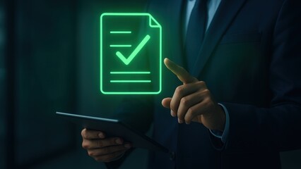 a businessman in blue suit holding tablet and gesturing at glowing green checkmark icons, modern office with Digital Checklist, Business Tasks