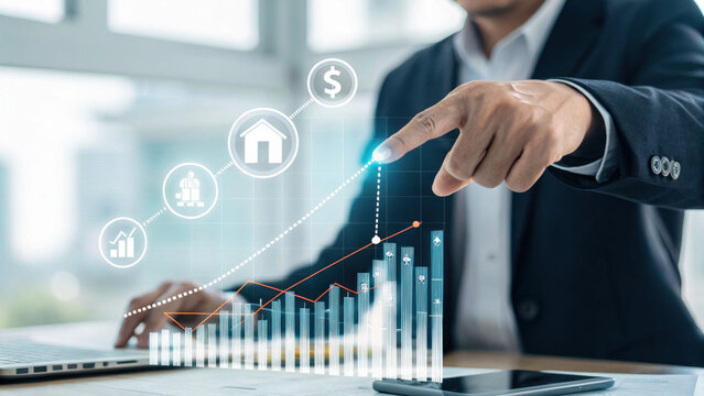Businessman pointing at holographic bar graph with financial icons showing growth and investment concepts in modern office environment