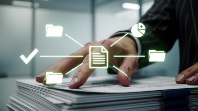 Business Professional Managing Documents with Digital Workflow and Data Icons
