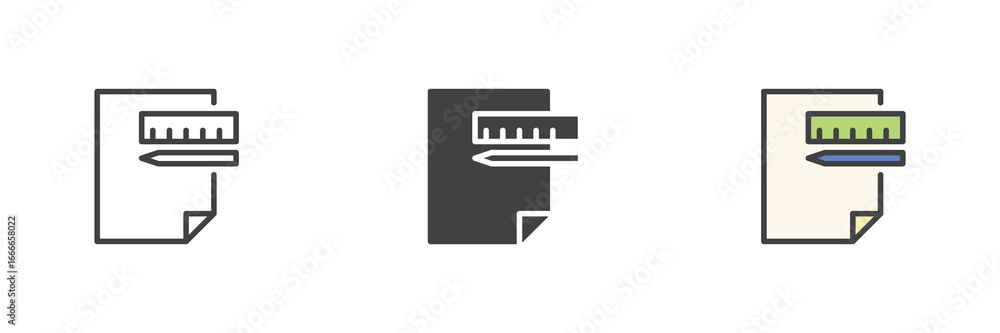 Poster document with ruler and pencil icon set pack ? line, solid, filled outline different style