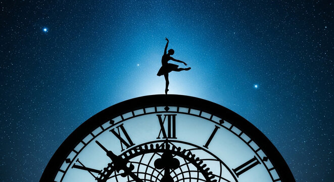 Graceful ballerina silhouette dances atop antique clock under starry night sky, evoking timeless elegance and dreams