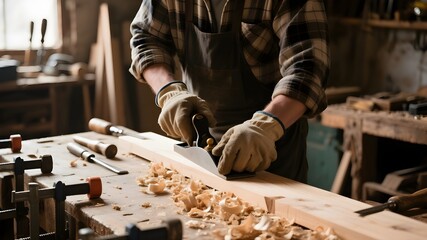 Woodworker Smoothing Lumber with Hand Plane in Workshop, Creating Wood Shavings