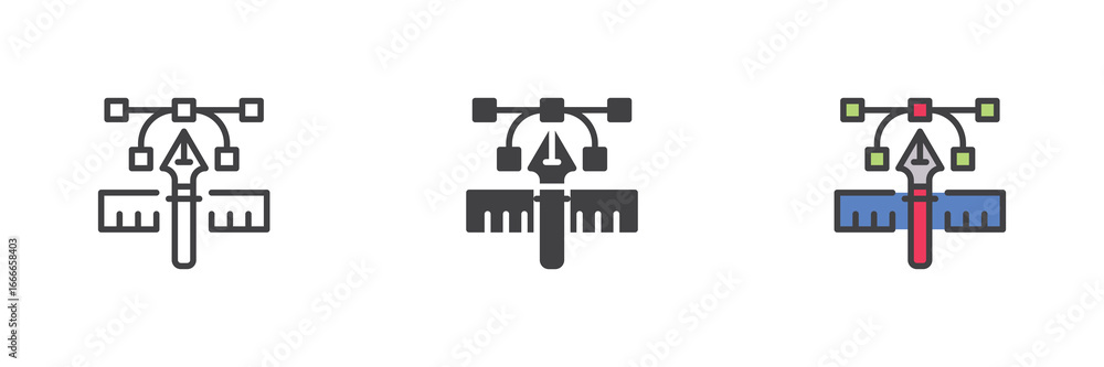 Poster pen tool with nodes and rulers icon set pack ? line, solid, filled outline different style